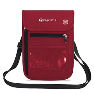 omystyle travel neck pouch, rfid passport holder with adjustable neck strap, waterproof neck wallet for men & women to keep cash, credit cards and documents safe, red
