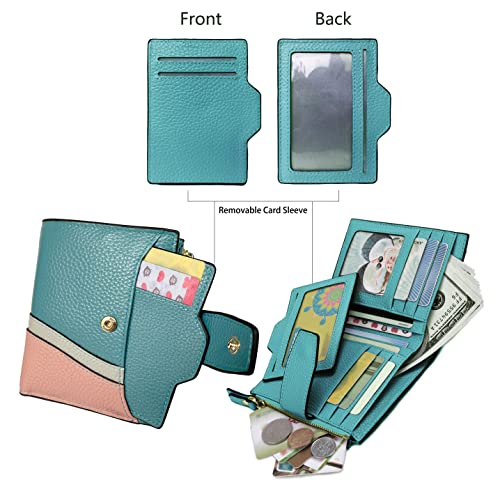 AINIMOER Women's RFID Blocking Leather Small Compact Bi-fold Zipper Pocket Wallet Card Case Purse with id Window (Wavy Sky Blue)