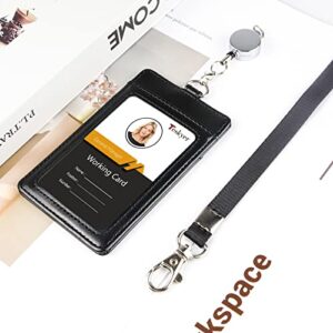 Teskyer ID Badge Holder with Retractable Lanyard, 2 Card Slots Easy Swipe Leather ID Card Holder for Work ID, School ID, Metro Card and Access Card