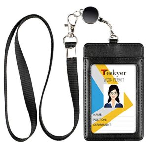 teskyer id badge holder with retractable lanyard, 2 card slots easy swipe leather id card holder for work id, school id, metro card and access card