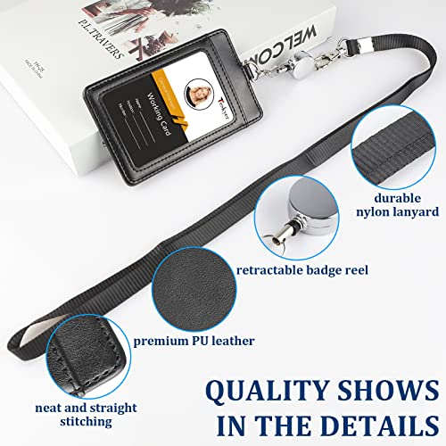 Teskyer ID Badge Holder with Retractable Lanyard, 2 Card Slots Easy Swipe Leather ID Card Holder for Work ID, School ID, Metro Card and Access Card