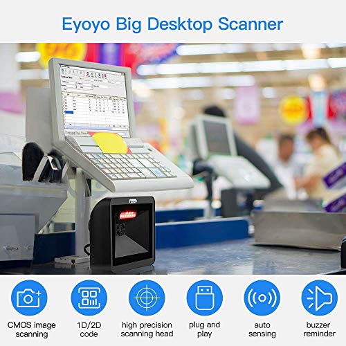 Eyoyo Hands-Free 2D QR Barcode Scanner, Omnidirectional Desktop Automatic 1D Barcode Reader Big Scan Window to Read PDF417 on ID Card, Driver's License, Passport for Supermarket Library Retail Store