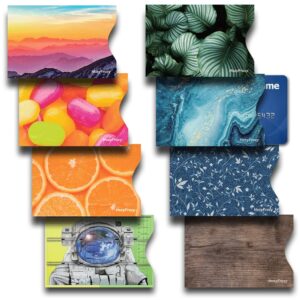8 rfid blocking sleeves, credit card protector, anti-theft credit card holder, easy to recognize, 8 different themes, wood, denim, leaves, candies, oranges, vivid sky, astronaut, blue ink swirl