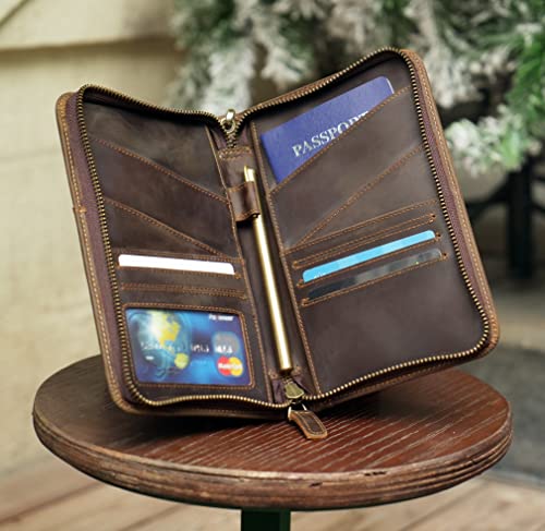 Polare Full Grain Leather Passport Holder Cover Case for Men and Women RFID Blocking Family Travel Wallet Holds 6 Passports (Dark Brown)