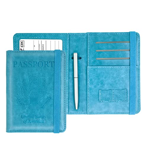 YIXXI Passport and Vaccine Card Holder Combo PU Leather Rfid Blocking Passport Holder with Vaccine Card Slot Travel Wallets Protector Cover for Men Women Family (Blue)