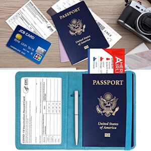 YIXXI Passport and Vaccine Card Holder Combo PU Leather Rfid Blocking Passport Holder with Vaccine Card Slot Travel Wallets Protector Cover for Men Women Family (Blue)