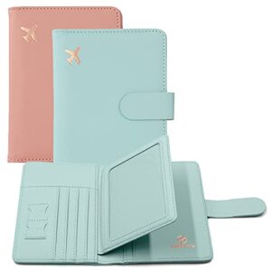 melsbrinna 2 pack passport holder,passport cover case,passport holder with ideal holder for various 4x3 inch cards,rfid blocking travel wallet for family,couples,friends (pink+aqua green)