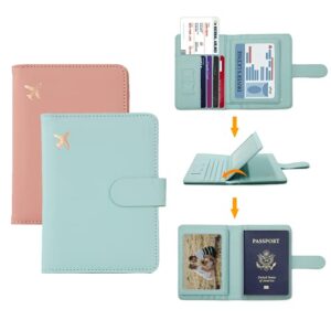 Melsbrinna 2 Pack Passport Holder,Passport Cover Case,Passport Holder with Ideal Holder for Various 4x3 Inch Cards,Rfid Blocking Travel Wallet for Family,Couples,Friends (Pink+Aqua green)