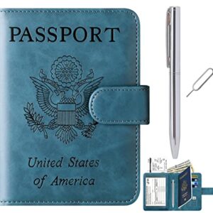 Passport Holder Cover Wallet Case Travel Essentials Passport and Vaccine Card Holder Combo Leather Travel Wallet Rfid Blocking Vacation Must Haves Travel Accessories for Men Women (2#Blue)