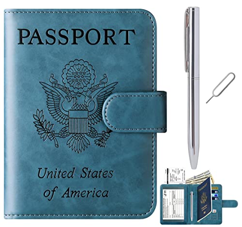 Passport Holder Cover Wallet Case Travel Essentials Passport and Vaccine Card Holder Combo Leather Travel Wallet Rfid Blocking Vacation Must Haves Travel Accessories for Men Women (2#Blue)