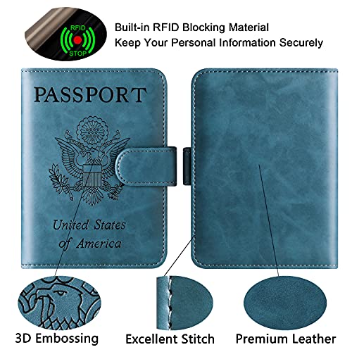 Passport Holder Cover Wallet Case Travel Essentials Passport and Vaccine Card Holder Combo Leather Travel Wallet Rfid Blocking Vacation Must Haves Travel Accessories for Men Women (2#Blue)