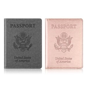 passport holder passport holder 2 pack passport and vaccine card holder combo, passport holder with vaccine card slot, pu leather passport cover case for women men (grey & pink)