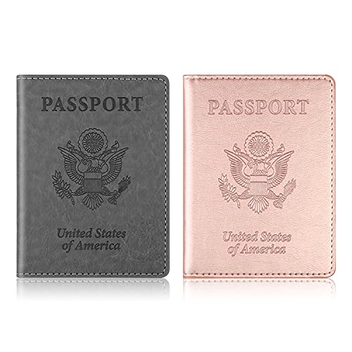 Passport Holder Passport Holder 2 Pack Passport and Vaccine Card Holder Combo, Passport Holder with Vaccine Card Slot, PU Leather Passport Cover Case for Women Men (Grey & Pink)