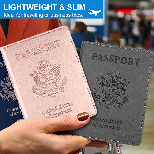 Passport Holder Passport Holder 2 Pack Passport and Vaccine Card Holder Combo, Passport Holder with Vaccine Card Slot, PU Leather Passport Cover Case for Women Men (Grey & Pink)