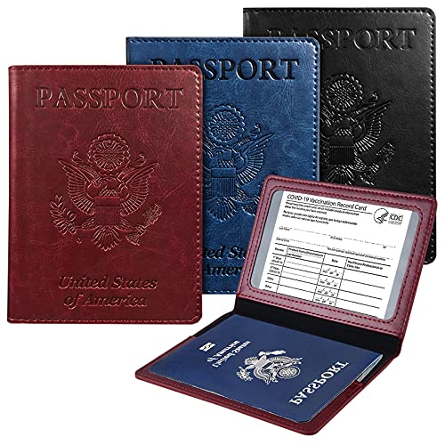 ELECLAND 3 Pack Passport and Vaccine Card Holder Combo, Passport Cover and CDC Vaccination Card Protector, PU Leather Wallet Passport Holder Vaccine Card Holder, Travel Documents Organizer Protector