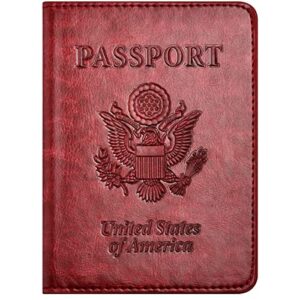 passport and vaccine card holder combo with vaccine card slot, passport wallet/ cover/case/holder for women and men（ac-wine red）