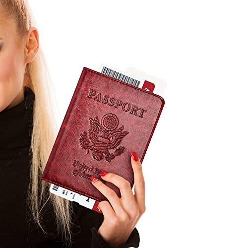 Passport and Vaccine Card Holder Combo with Vaccine Card Slot, Passport Wallet/ Cover/Case/Holder for Women and Men（AC-Wine red）