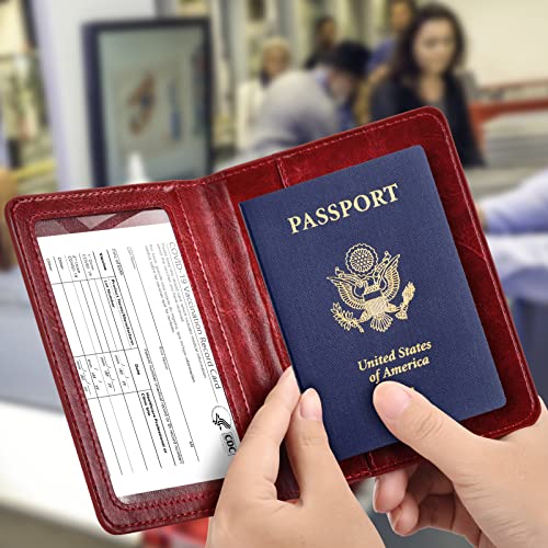 Passport and Vaccine Card Holder Combo with Vaccine Card Slot, Passport Wallet/ Cover/Case/Holder for Women and Men（AC-Wine red）