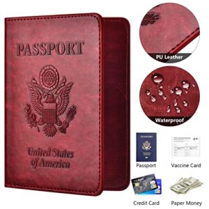 Passport and Vaccine Card Holder Combo with Vaccine Card Slot, Passport Wallet/ Cover/Case/Holder for Women and Men（AC-Wine red）