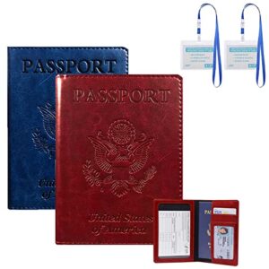 redify 2 pack passport and vaccine card holder combo - pu leather passport holder with vaccine card slot, travel passport wallet for women and men, family passport cover case (blue, wine red)
