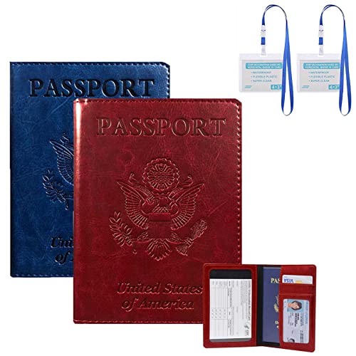 Redify 2 Pack Passport and Vaccine Card Holder Combo - PU Leather Passport Holder with Vaccine Card Slot, Travel Passport Wallet for Women and Men, Family Passport Cover Case (Blue, Wine Red)