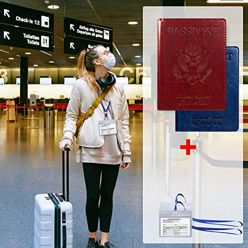 Redify 2 Pack Passport and Vaccine Card Holder Combo - PU Leather Passport Holder with Vaccine Card Slot, Travel Passport Wallet for Women and Men, Family Passport Cover Case (Blue, Wine Red)