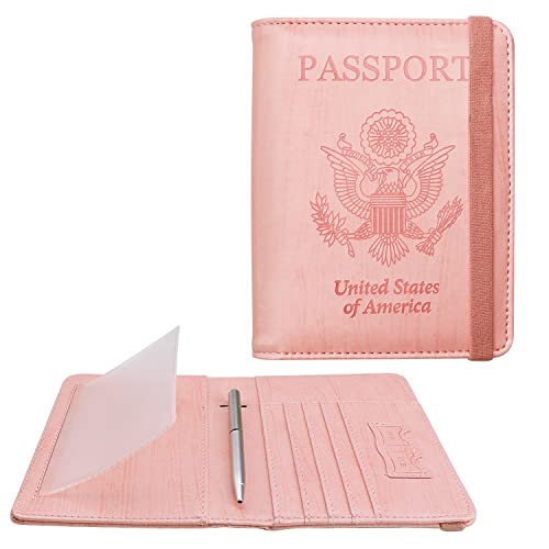 WALNEW Passport Holder with ID Card Name Tag Badge Slot, RFID Blocking Leather Passport Wallet, Passport Cover Travel Essentials for Women Men