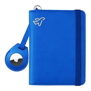 walnew airtag passport holder, pu leather airtag wallet rfid blocking passport cover travel essentials case for women men (blue)