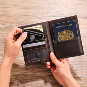 Polare Full Grain Leather Passport Holder RFID Blocking Travel Bifold Wallet Passport Holders 2 Passports (Dark Brown)