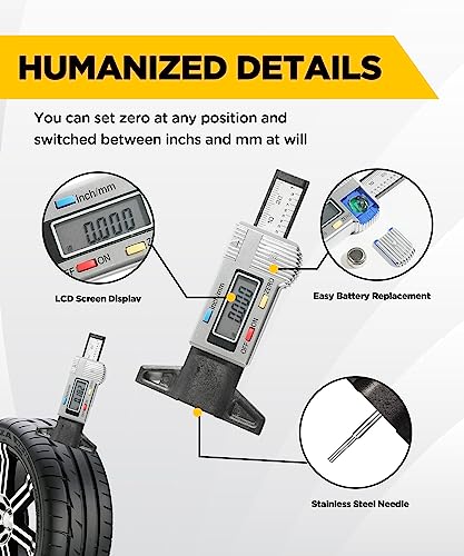 YAKEFLY Tire Tread Depth Gauge,LCD Display Tire Thread Measuring Gauge Digital Tire Depth Gauge with Inch Millimeter Conversion,Tire Tread Gauge Tire Tread Depth Measuring Tool