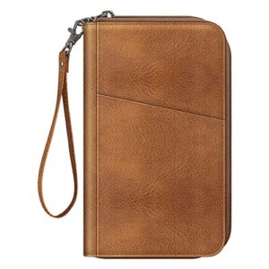 fintie family passport holder wallet, rfid blocking travel document organizer clutch bag credit cards case cover for women men (brown)