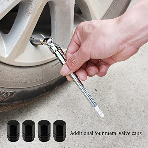 6PCS Pencil Tire Pressure Gauge Kit,10-50 PSI Heavy-Duty Stainless Steel Tire Gauges for Tire Pressure+Black Valve Stem Caps,Universal Wheel & Tire Accessories & Parts