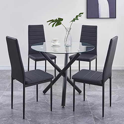 ROOIOME Round Glass Dining Table Set 5 Pieces Dining Table Chair Set for Home Kitchen Round Tripod Chrome Legs Table with 4 PU Chairs, Contemporary Dining Room Furniture Set for Small Space