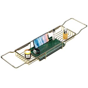 BAWOUA Bathtub Caddy Tray - Over Bathtub Racks with Natural Marble(Emerald), Strong Expandable Chrome Polished Stainless Steel Brackets for Bath (Gold)