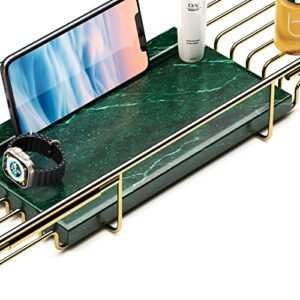 BAWOUA Bathtub Caddy Tray - Over Bathtub Racks with Natural Marble(Emerald), Strong Expandable Chrome Polished Stainless Steel Brackets for Bath (Gold)