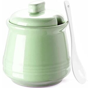 Ceramic Sugar Bowl with Lid and Spoon, 12oz Farmhouse Sugar Jar, Porcelain Sugar Container for Coffee Bar, Kitchen Countertop, Turquoise Sugar Holder Sugar Pot for Salt Creamer, Dishwasher Safe, Green