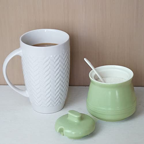 Ceramic Sugar Bowl with Lid and Spoon, 12oz Farmhouse Sugar Jar, Porcelain Sugar Container for Coffee Bar, Kitchen Countertop, Turquoise Sugar Holder Sugar Pot for Salt Creamer, Dishwasher Safe, Green