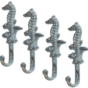 Red Co. Set of 4 Decorative 5.5” Boho Chic Cast Iron Wall Hanging Seahorse Hooks in Distressed Finish