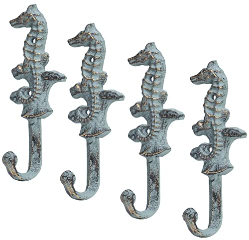 Red Co. Set of 4 Decorative 5.5” Boho Chic Cast Iron Wall Hanging Seahorse Hooks in Distressed Finish