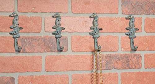 Red Co. Set of 4 Decorative 5.5” Boho Chic Cast Iron Wall Hanging Seahorse Hooks in Distressed Finish