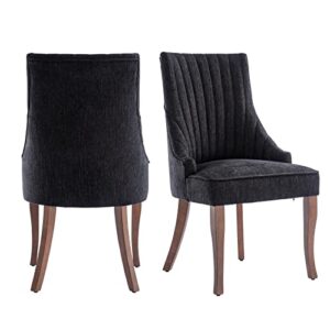 mikibama linen dining chairs set of 2 channel tufted kitchen dinner chair comfy fabric upholstered accent chair for dining room with solid wood legs (black)