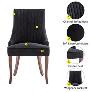 mikibama Linen Dining Chairs Set of 2 Channel Tufted Kitchen Dinner Chair Comfy Fabric Upholstered Accent Chair for Dining Room with Solid Wood Legs (Black)