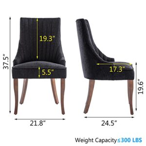 mikibama Linen Dining Chairs Set of 2 Channel Tufted Kitchen Dinner Chair Comfy Fabric Upholstered Accent Chair for Dining Room with Solid Wood Legs (Black)