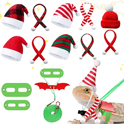 13 Pieces Christmas Bearded Dragon Santa Hat Leash Harness Scarf Set Bearded Dragon Lizard Christmas Outfits Costume Leash Harness Scarf and Hat Wings Accessories for Reptile Small Pet Animals