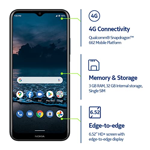 Nokia G100 | Verizon, T-Mobile, AT&T | Android 12 | Unlocked Smartphone | 2-Day Battery | US Version | 3/32GB | 6.52-Inch Screen | 13MP Triple Camera | Polar Night