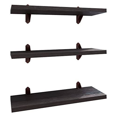 PLAYCON Easy Wall Mounted Floating Shelves Set of 3, for Office/Bedroom/Living Room/Media Room/Kitchen/Bathroom/Laundry Room/Storage, Innovative Textured PVC Finishing Wenge Wood Veneer Looking