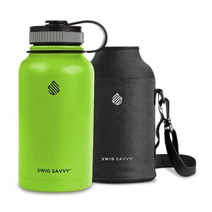 swig savvy vacuum insulated stainless steel water bottle with straw, double wall wide mouth sports bottle with storage sleeve, keeps liquids cold for 24 hours, hot for 12, 32 ounces, green