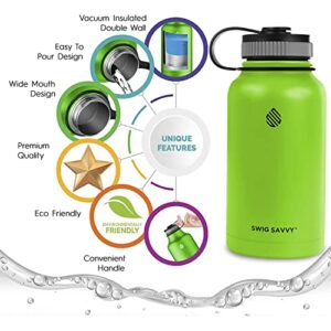 Swig Savvy Vacuum Insulated Stainless Steel Water Bottle with Straw, Double Wall Wide Mouth Sports Bottle with Storage Sleeve, Keeps Liquids Cold for 24 Hours, Hot for 12, 32 Ounces, Green