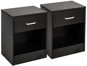 set of 2 nightstands with storage drawer, modern end side table with storage shelves, small bedside table nightstand storage cabinet for bedroom, accent funiture sofa side table for small space, black