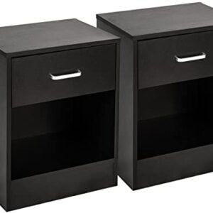 Set of 2 Nightstands with Storage Drawer, Modern End Side Table with Storage Shelves, Small Bedside Table Nightstand Storage Cabinet for Bedroom, Accent Funiture Sofa Side Table for Small Space, Black